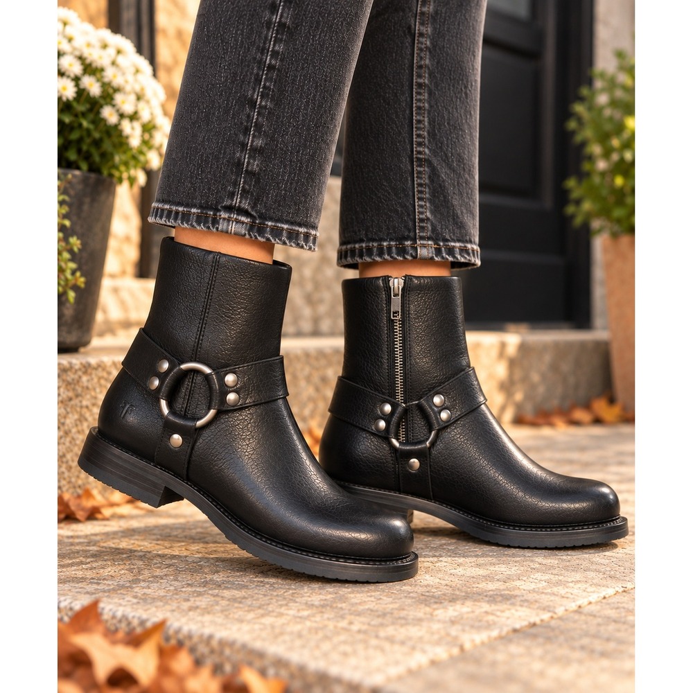 Frye Veronica Harness Short Boots Womens 6M Black Leather Moto Biker Ankle